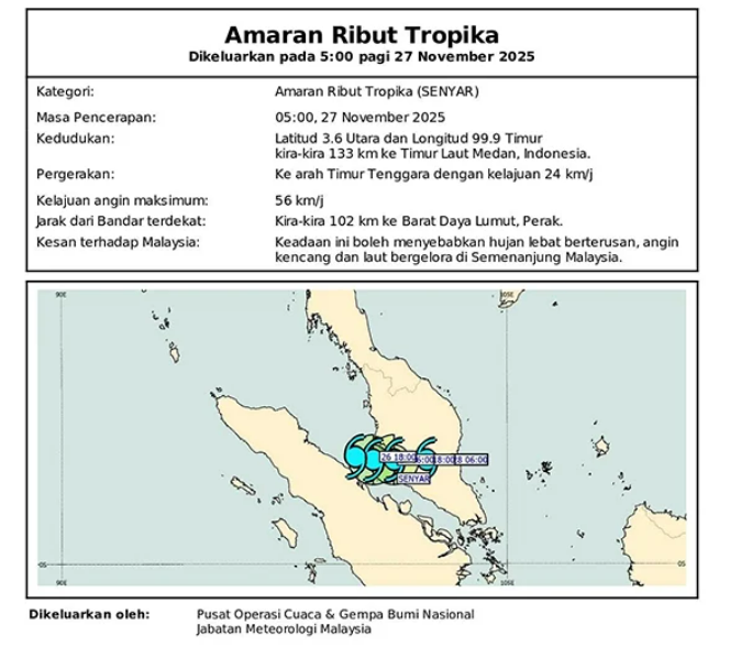 从“提示”秒变“警告”!Senyar调头冲马六甲海峡,槟城到柔佛全中招